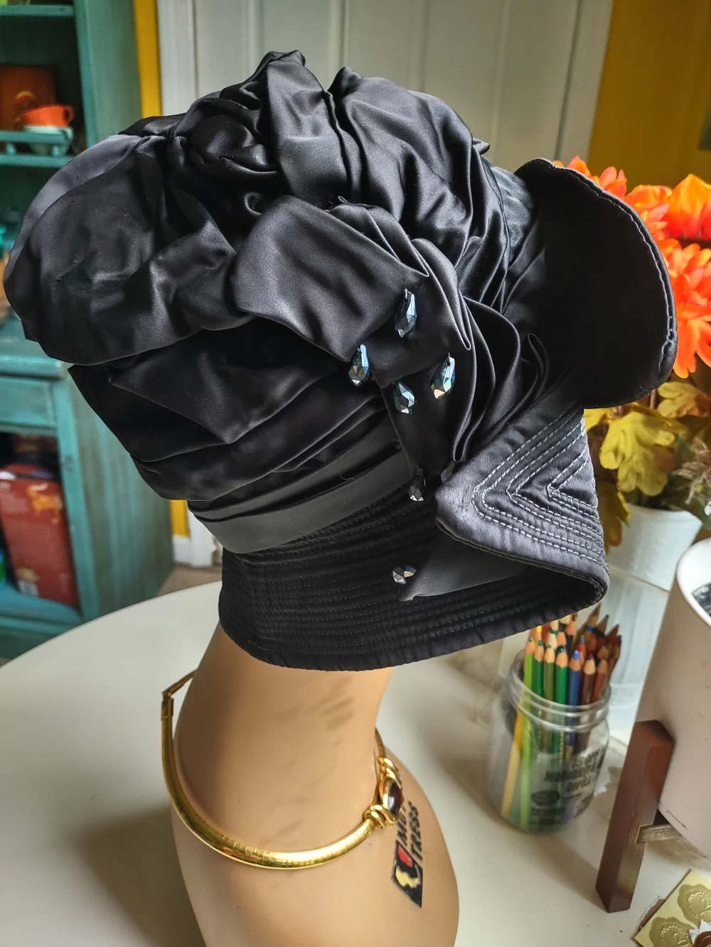 Charo Original Vintage Satin Fabric Brim Hat with Pleating and Iridescent Beads